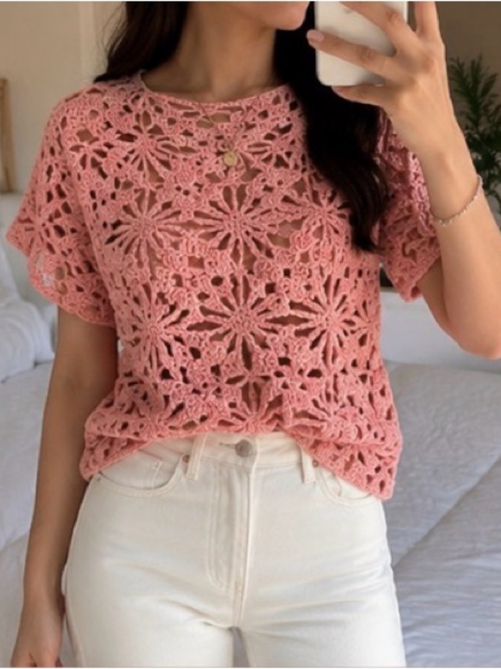 Pink Floral Crochet Top size S